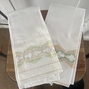 White Huck Linen TOWELS Swedish Embroidery Green Yellow Vintage